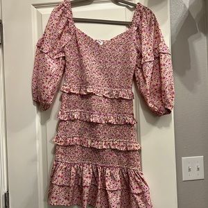 Smocked pink and yellow floral puff sleeve dress
